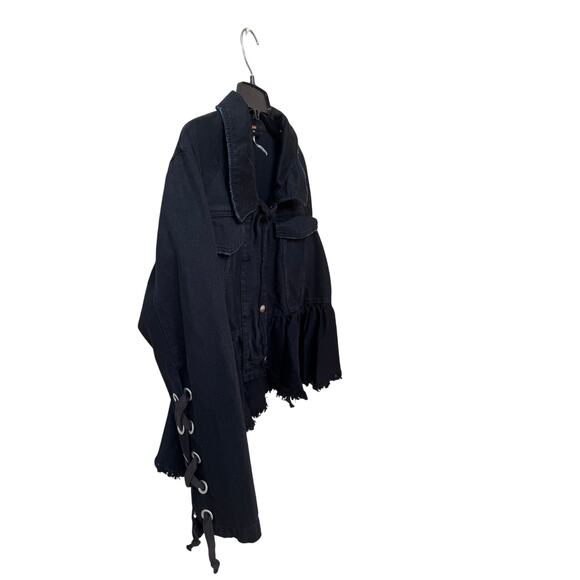 Free People Black Denim Peplum Jacket S Lace-Up Sleeve Boho Festival Grunge y2K - Picture 7 of 10